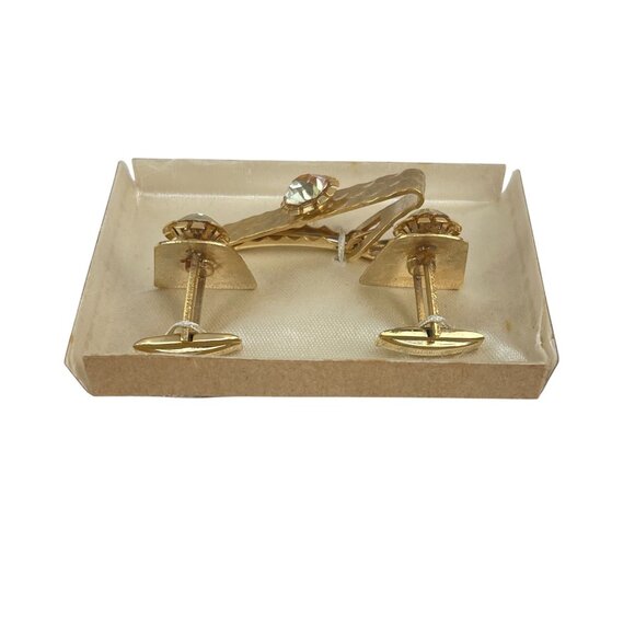 Vintage 1950s Gold-Tone Hammered Cufflinks & Tie Clip Set Sparkling Rhinestones - Picture 5 of 7